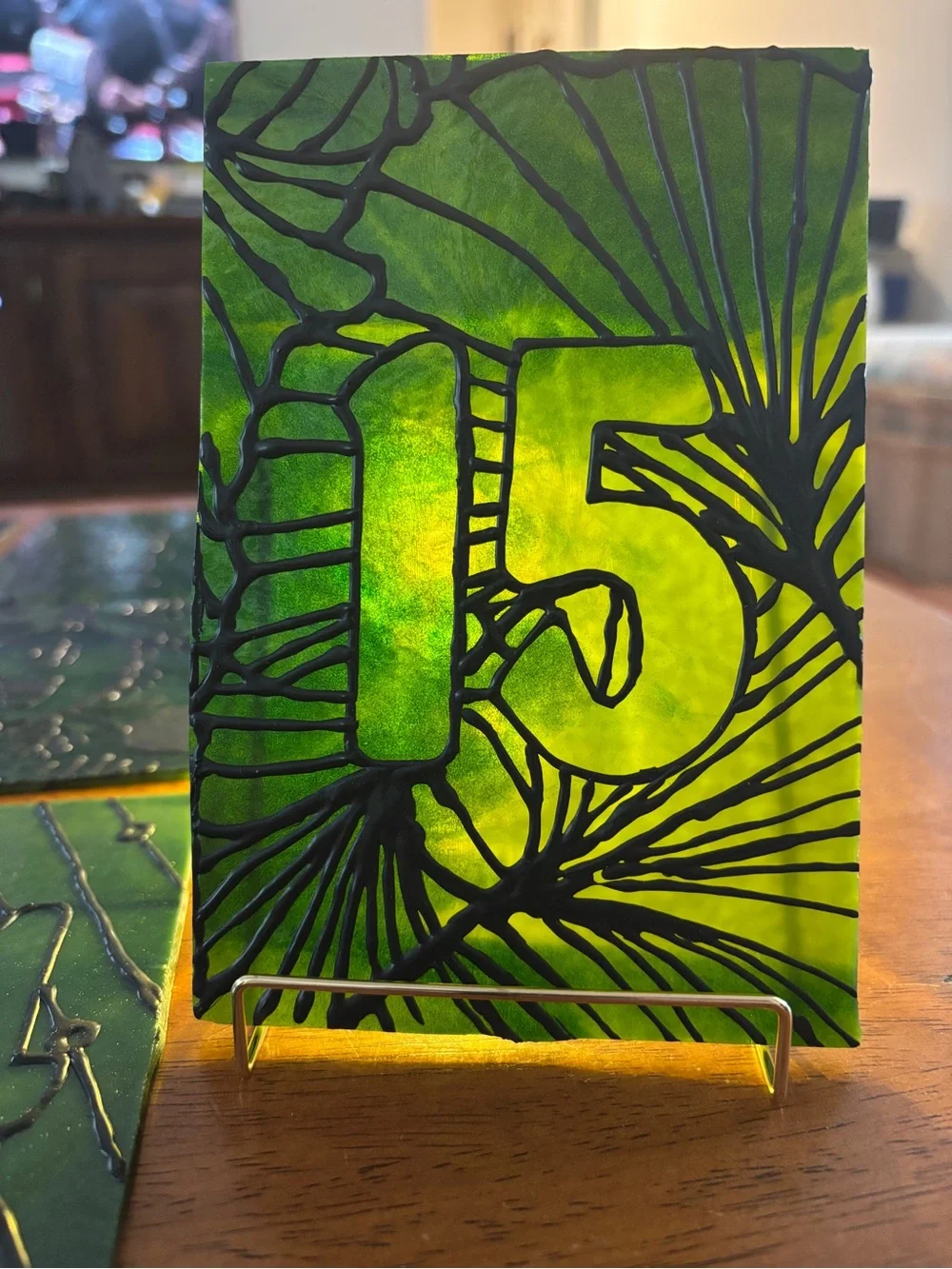 Custom Green Stained Glass Table Numbers. Tables 1-15. With Gold Easels